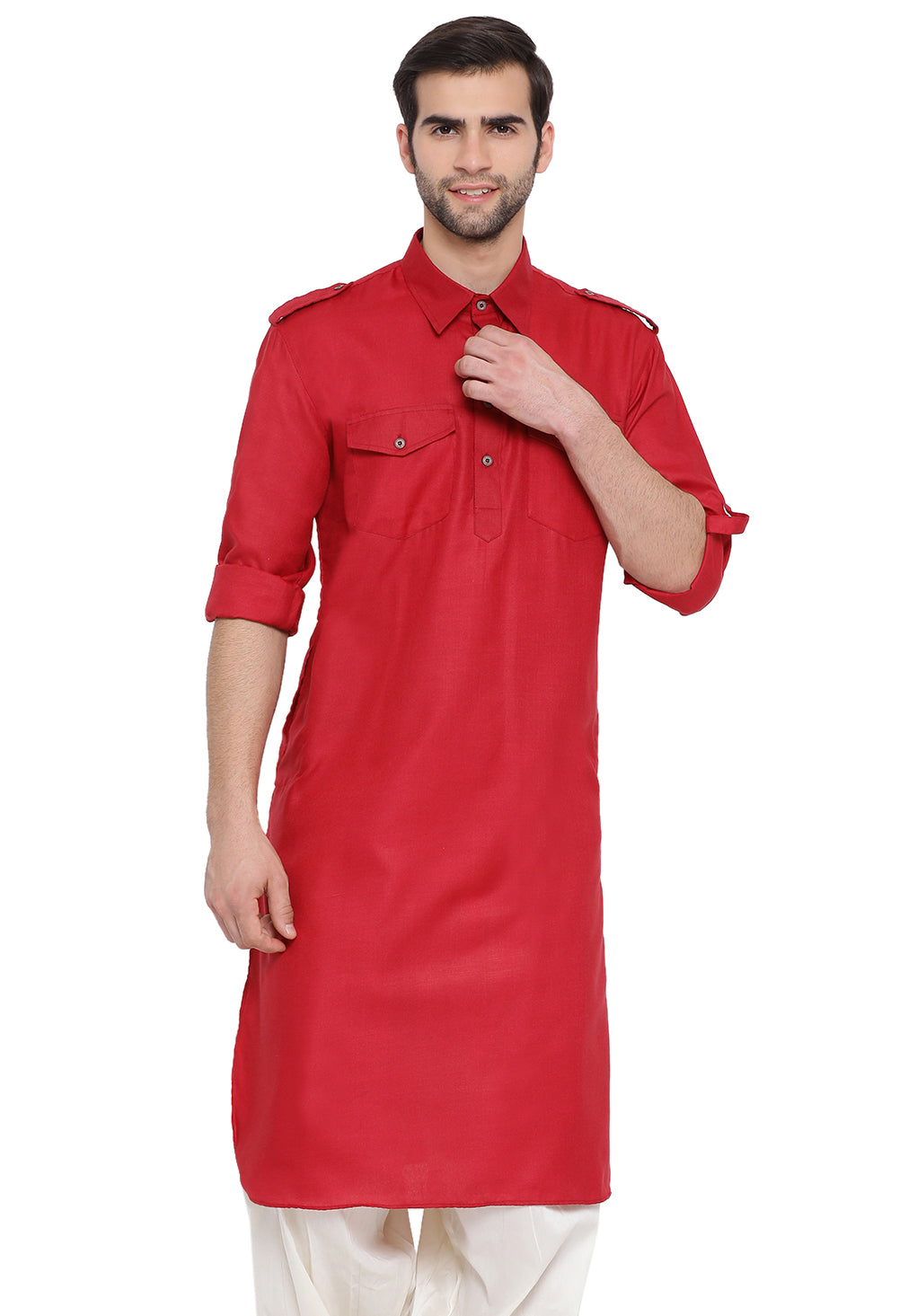 Men's Maroon Cotton Blend Pathani Kurta