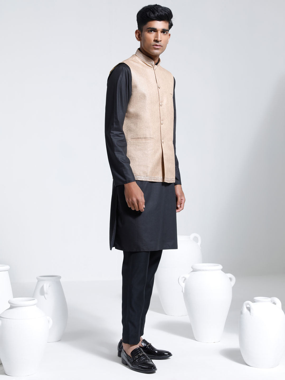 Men's Beige And Black Cotton Silk Jacket, Kurta and Pyjama Set