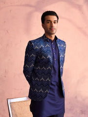 Men's Blue Viscose Jacket, Kurta and Pyjama Set