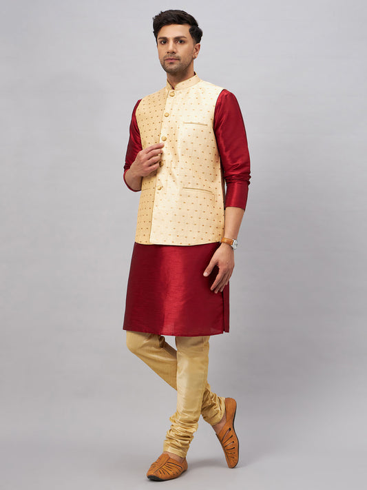 Men's Maroon And Gold Silk Blend Jacket, Kurta and Pyjama Set