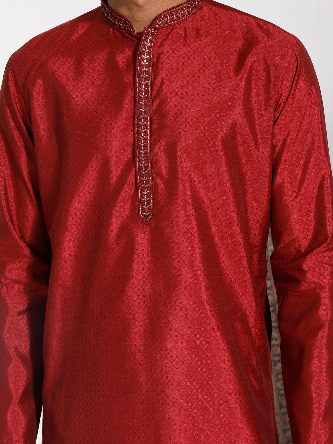 Men's Maroon And Cream Silk Blend Kurta Pyjama Set