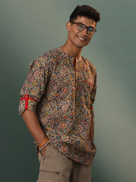 Men's Multicolor Cotton Short Kurta