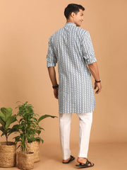 Men's White And Blue Cotton Kurta Pyjama Set