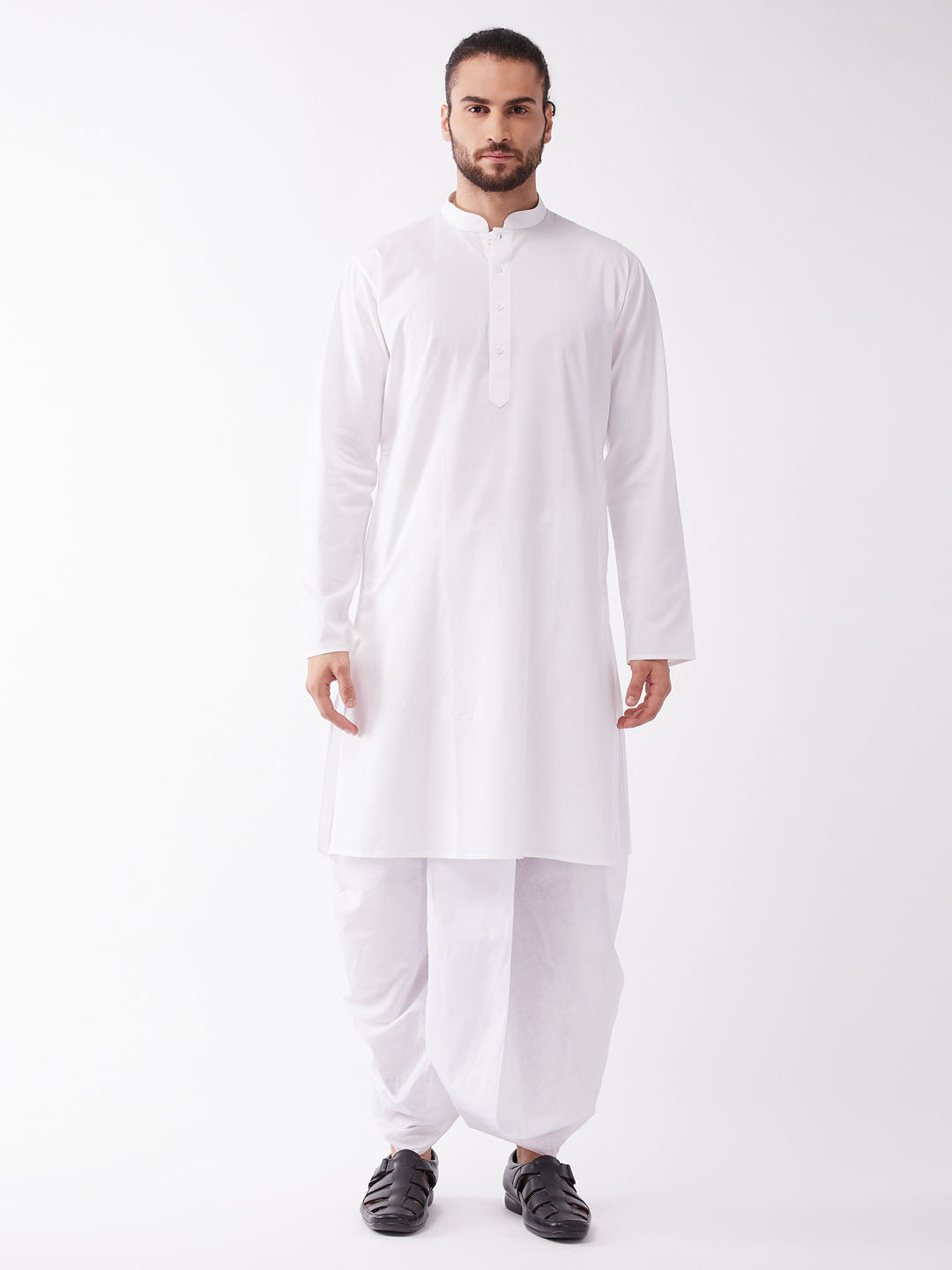 Men's White Cotton Blend Kurta And Dhoti Set