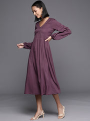 Varanga Women Mauve V-Neck, Bishop Sleeves, Gathered Details  Calf Length A-Line Dress, Flared Hem