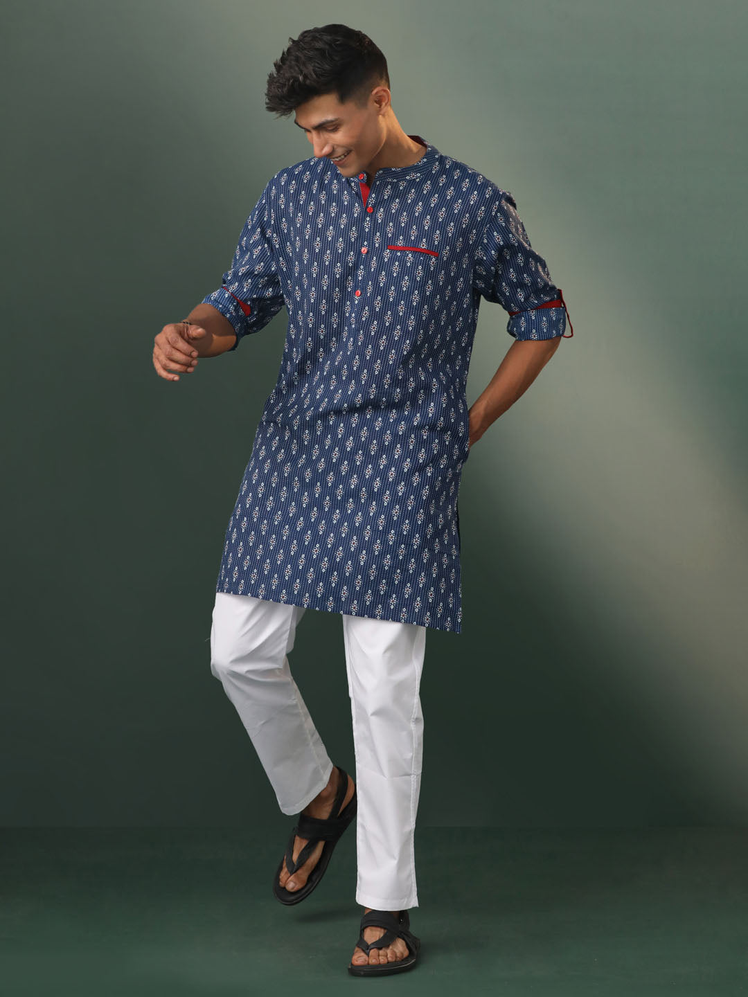 Men's Navy Blue And White Cotton Kurta Pyjama Set