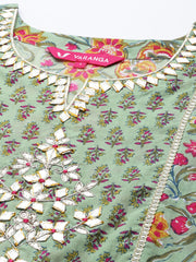 floral printed embroidered kurta with straight pant and chiffon dupatta