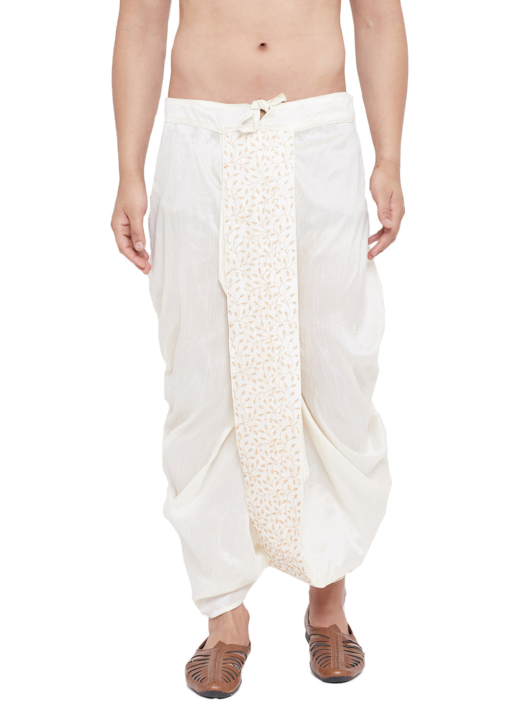 Men's Cream Silk Blend Embroidered Dhoti