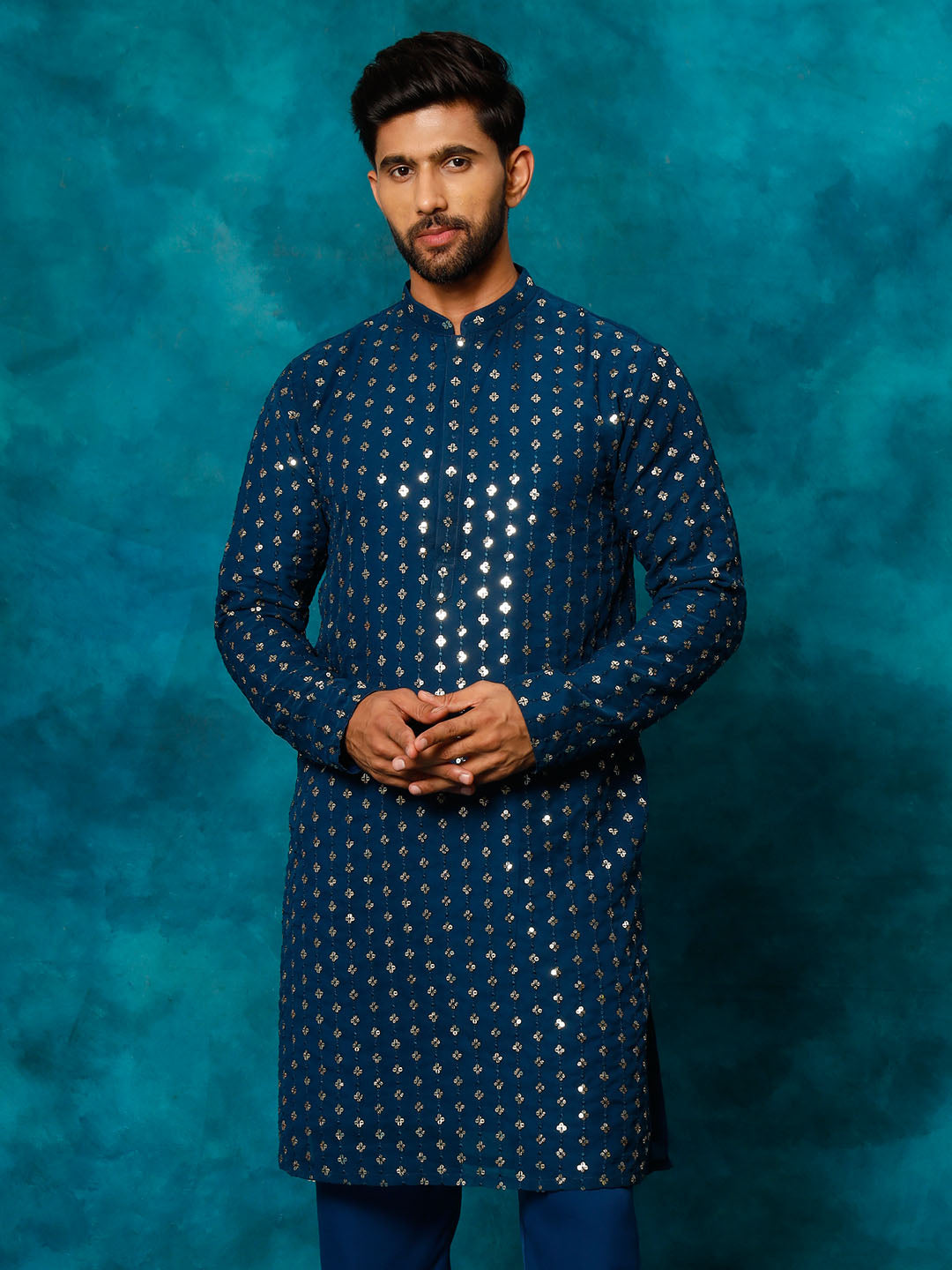 Men's Navy Blue Georgette Kurta