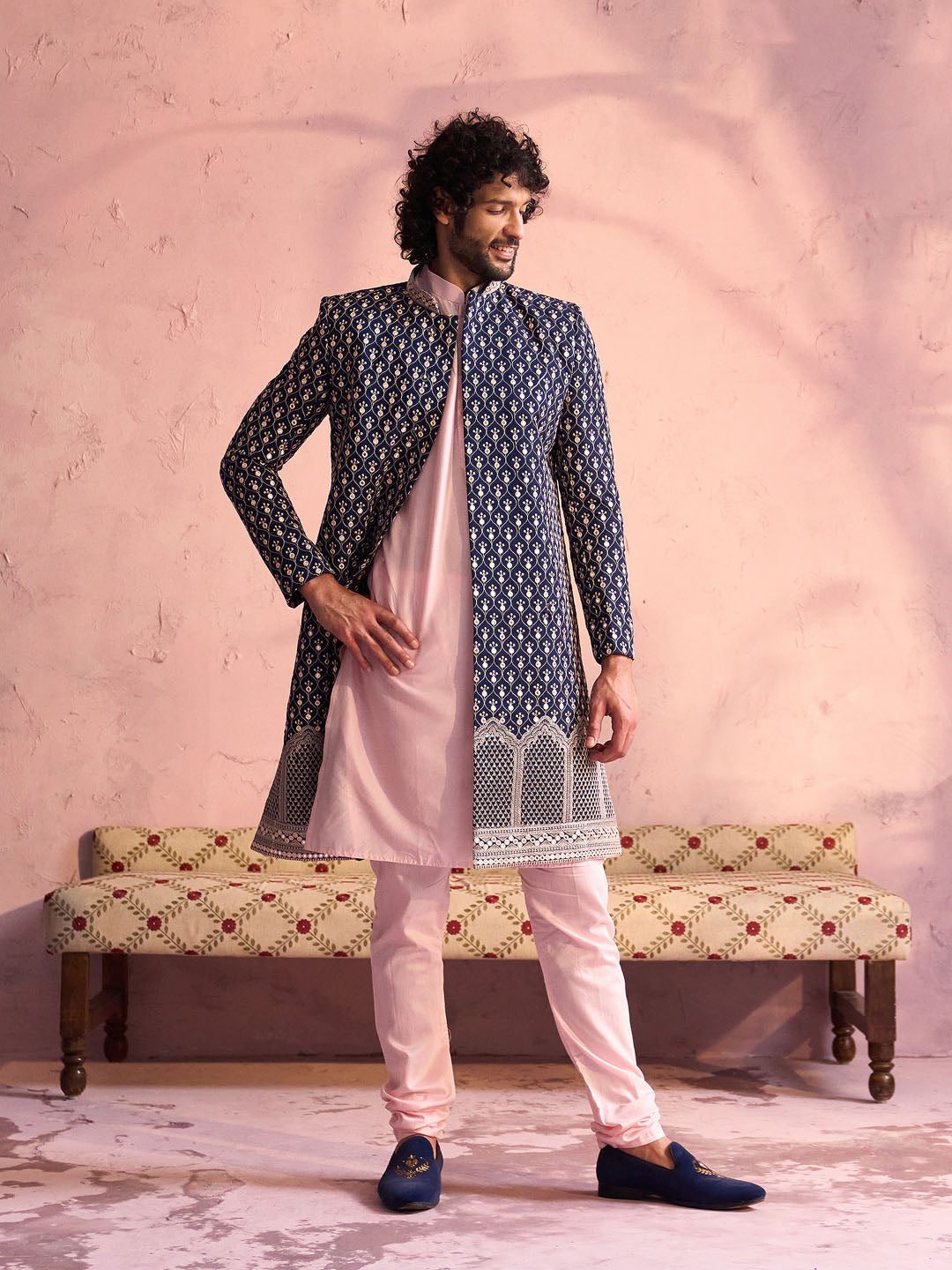 Men's Navy Blue And Pink Georgette Sherwani Only Top