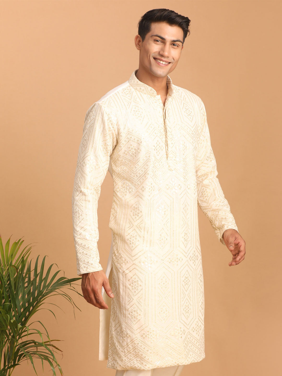 Men's Cream Cotton Blend Kurta