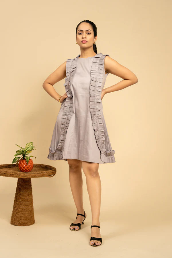 Lavender Viscose Cotton A-Line Short Dress with Ruffle details and Pockets