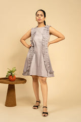 Lavender Viscose Cotton A-Line Short Dress with Ruffle details and Pockets