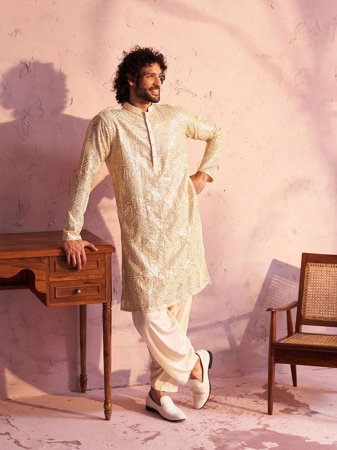 Men's Cream Georgette Kurta