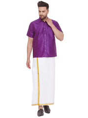 Men's Purple and White Silk Blend Shirt And Mundu