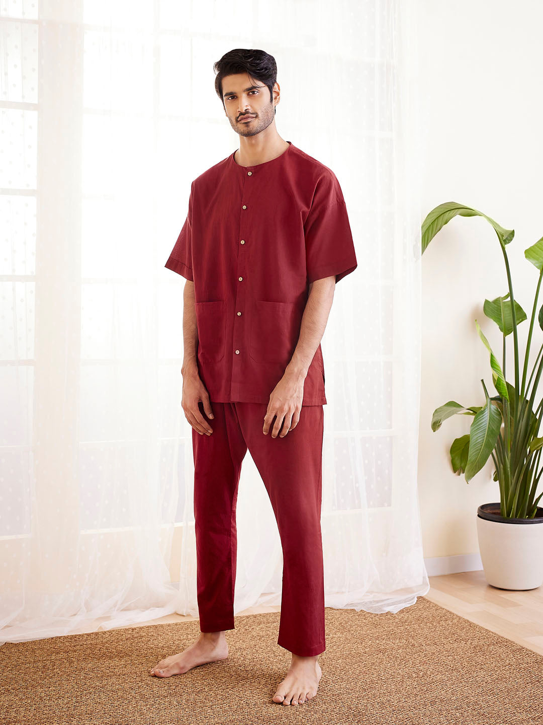 Men's Maroon Cotton Kurta Pyjama Set