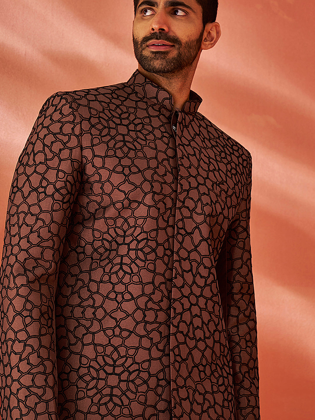 Men's Rust And Black Silk Blend Sherwani Set