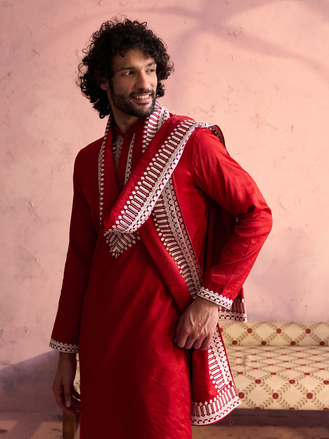 Men's Red And Cream Moonga Silk Kurta, Pyjama & Dupatta Set