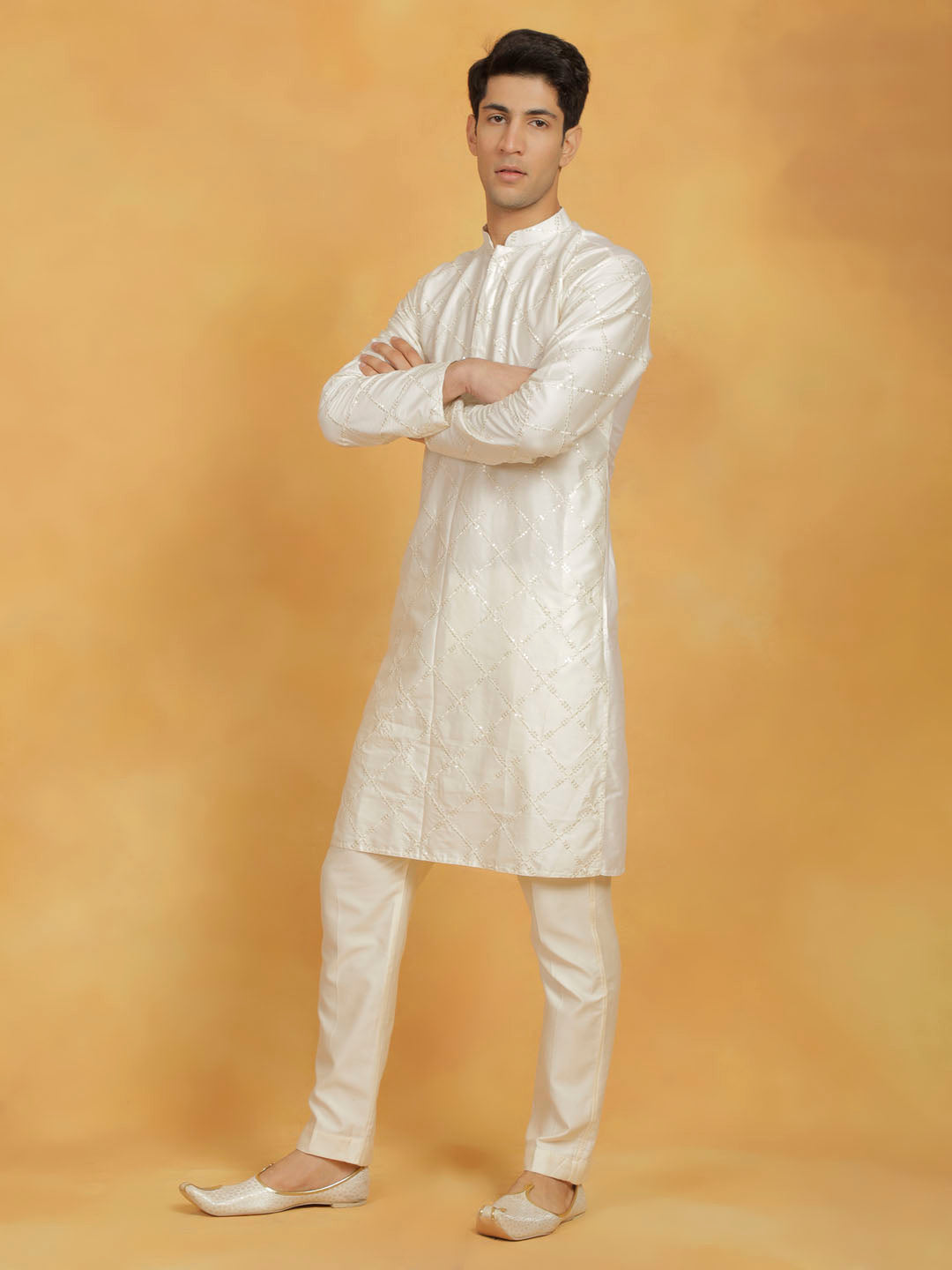 Men's Cream Viscose Kurta And Pyjama Set