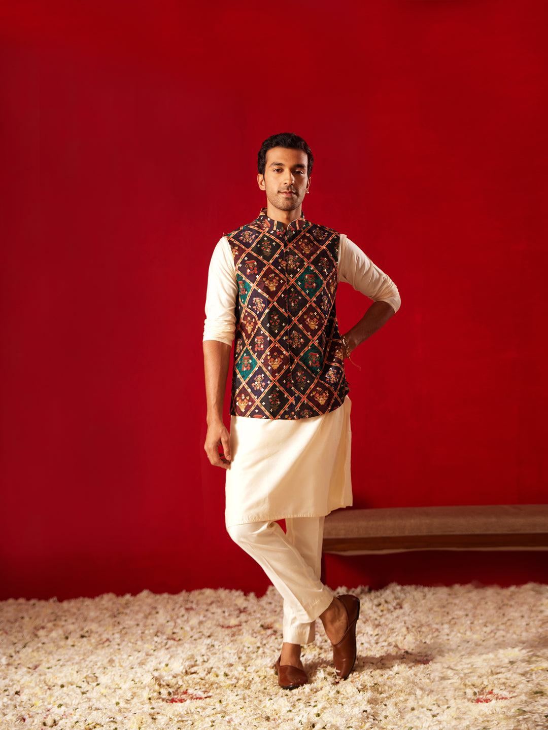 Men's Purple And Cream Viscose Jacket, Kurta and Pyjama Set