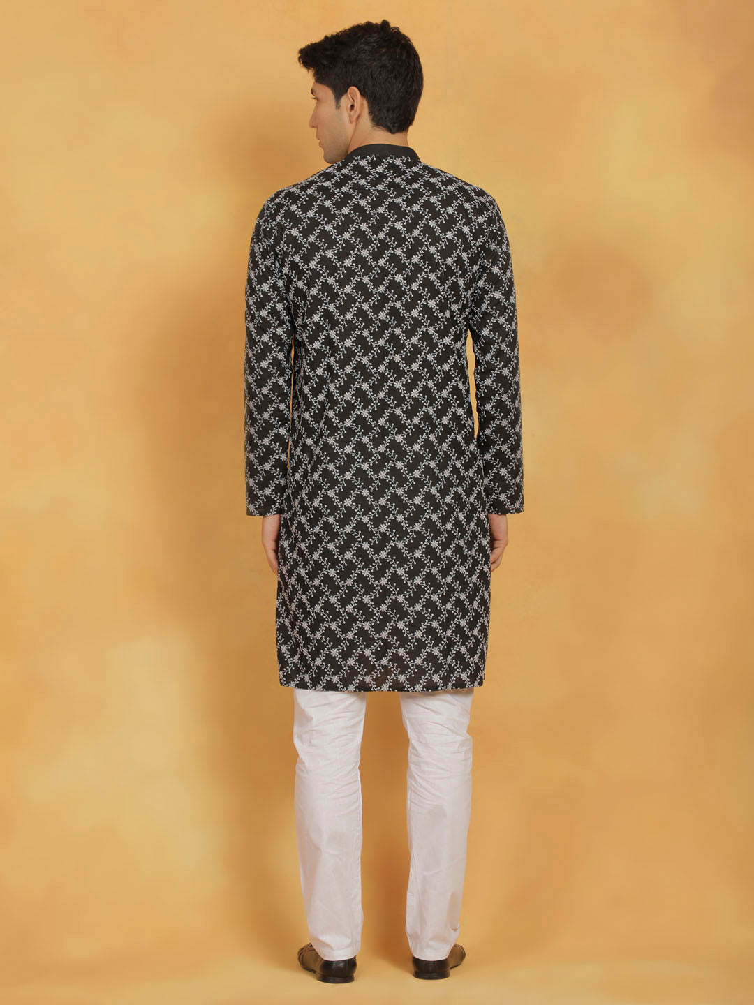 Men's Black And White Cotton Kurta And Pyjama Set