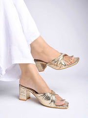 Shoetopia Embellished Knotted Detailed Gold Block Heels For Women & Girls