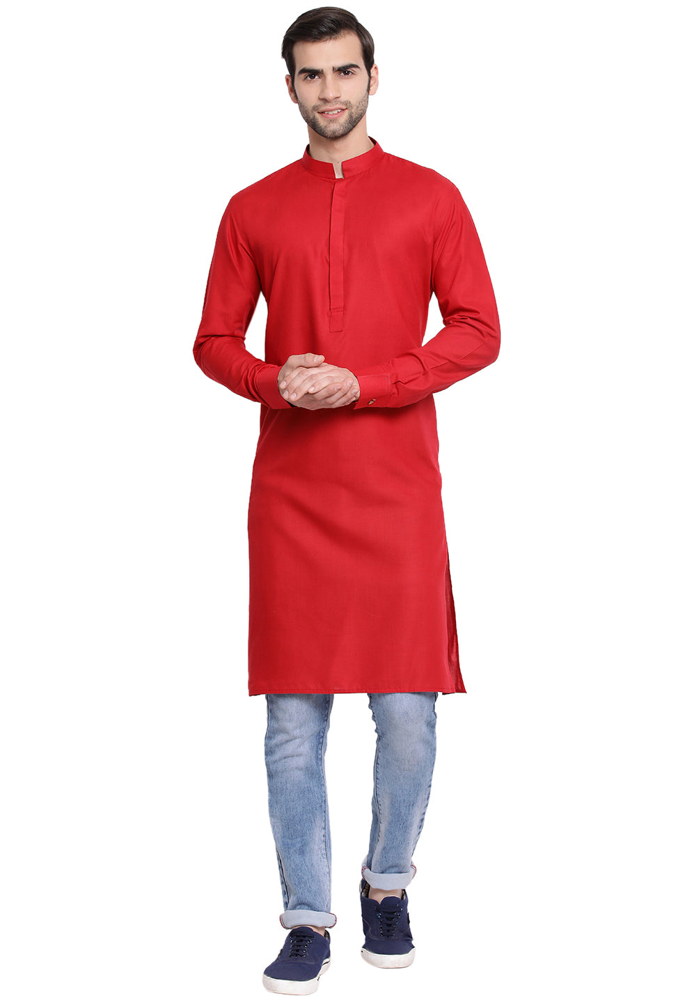 Men's Maroon Cotton Blend Kurta