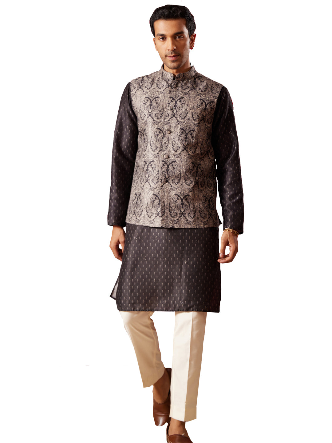 Men's Black Cotton Silk Jacket, Kurta and Pyjama Set