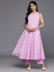 Women Lavender And White Floral Printed Anarkali Kurta Paired With Tonal Bottom