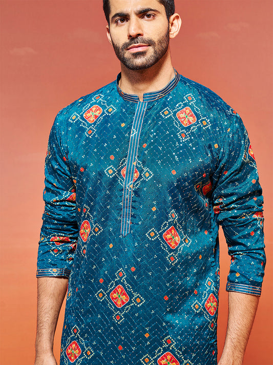 Men's Turquoise Chinon Kurta