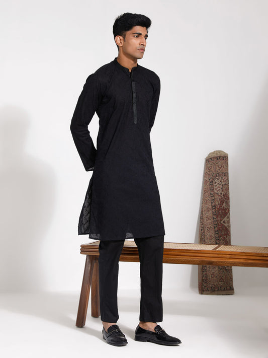 Men's Black Cotton Kurta Pyjama Set