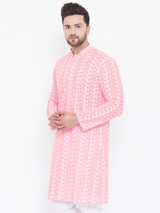 Men's Pink and White Cotton Kurta