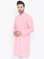 Men's Pink and White Cotton Kurta