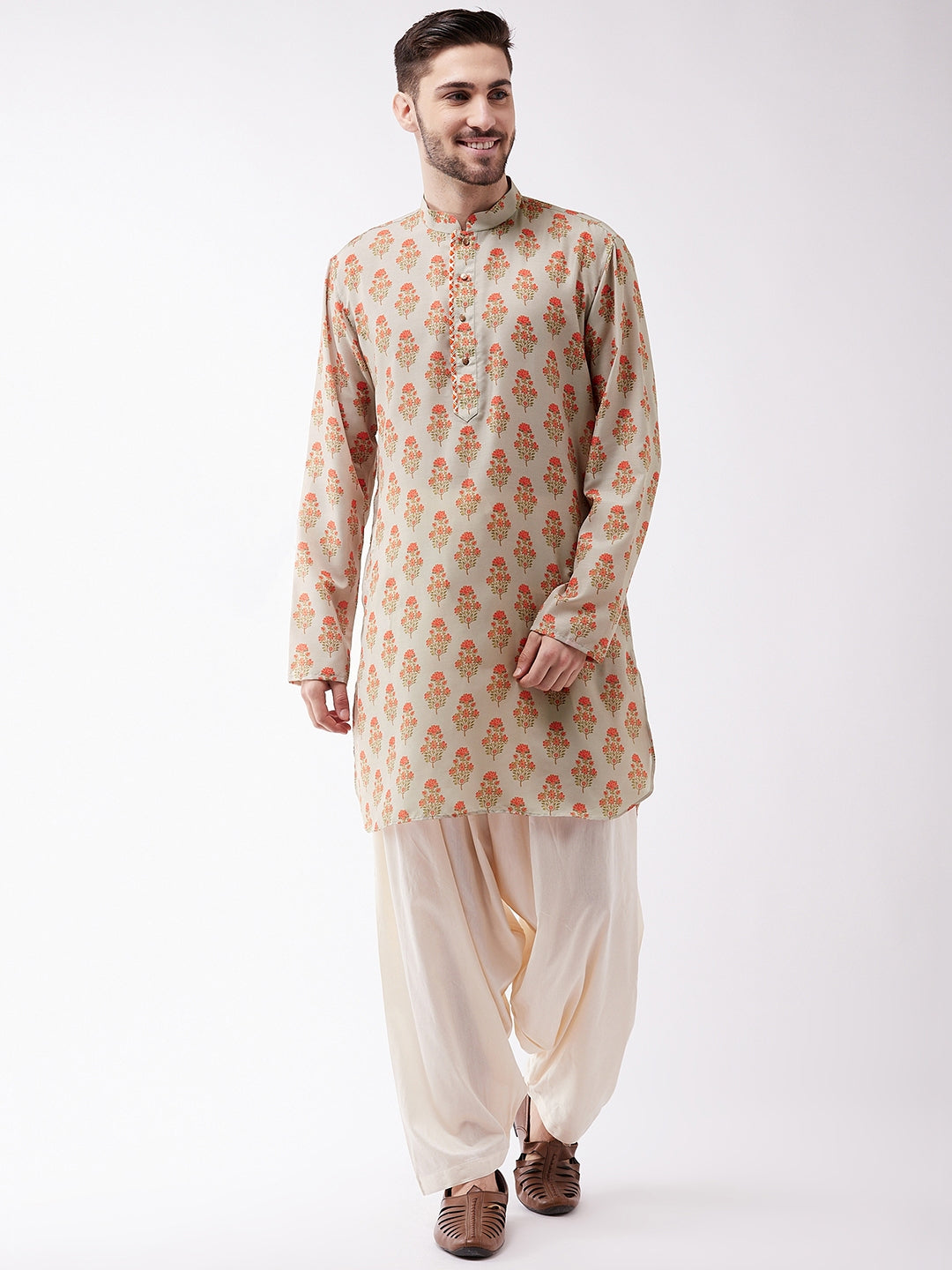 Men's Multicolor-Base-Beige And Cream Muslin Kurta and Patiala Set