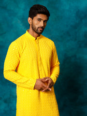 Men's Yellow And White Rayon Cotton Kurta Pyjama Set