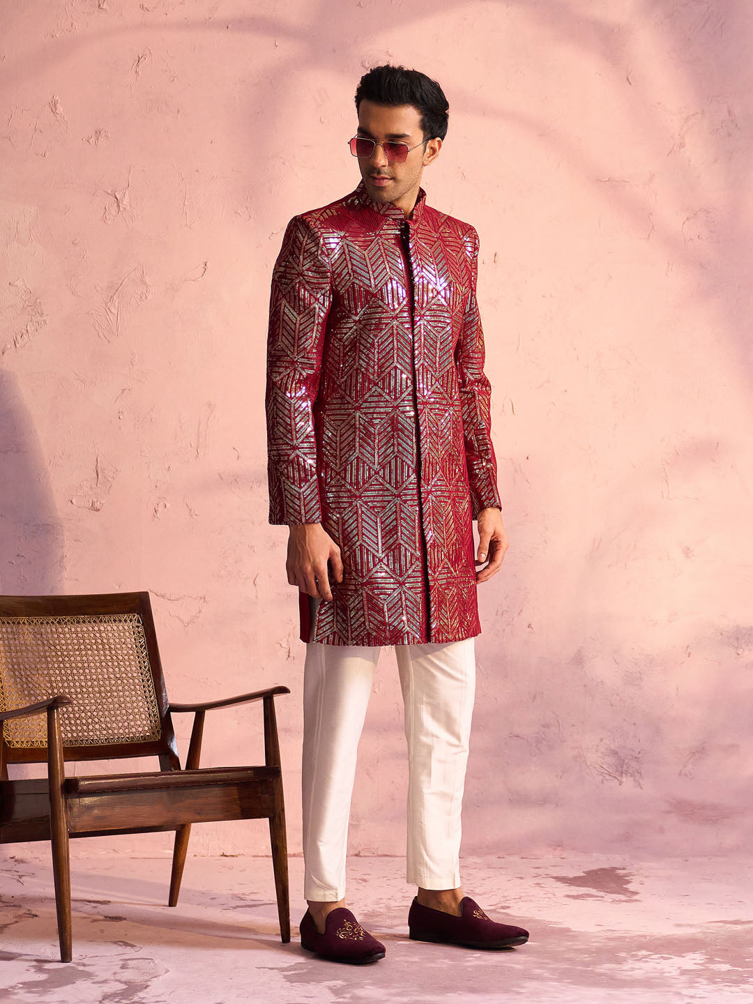 Men's Maroon And Cream Georgette Sherwani Set