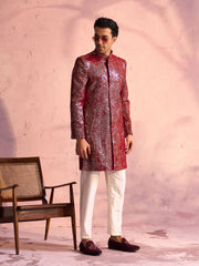 Men's Maroon And Cream Georgette Sherwani Set