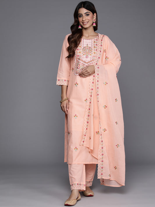 Women Peach Thread And Sequins  Embroidered Kurta With Tonal Bottom And Dupatta