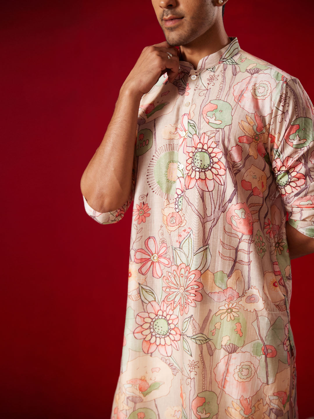 Men's Multi color Base Cream Cotton blend Kurta