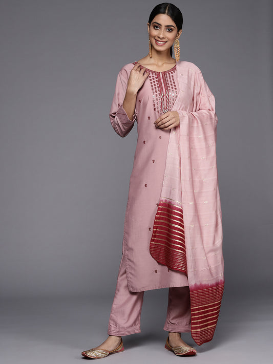 mauve embroidered kurta paired with straight bottom and embroidered dupatta