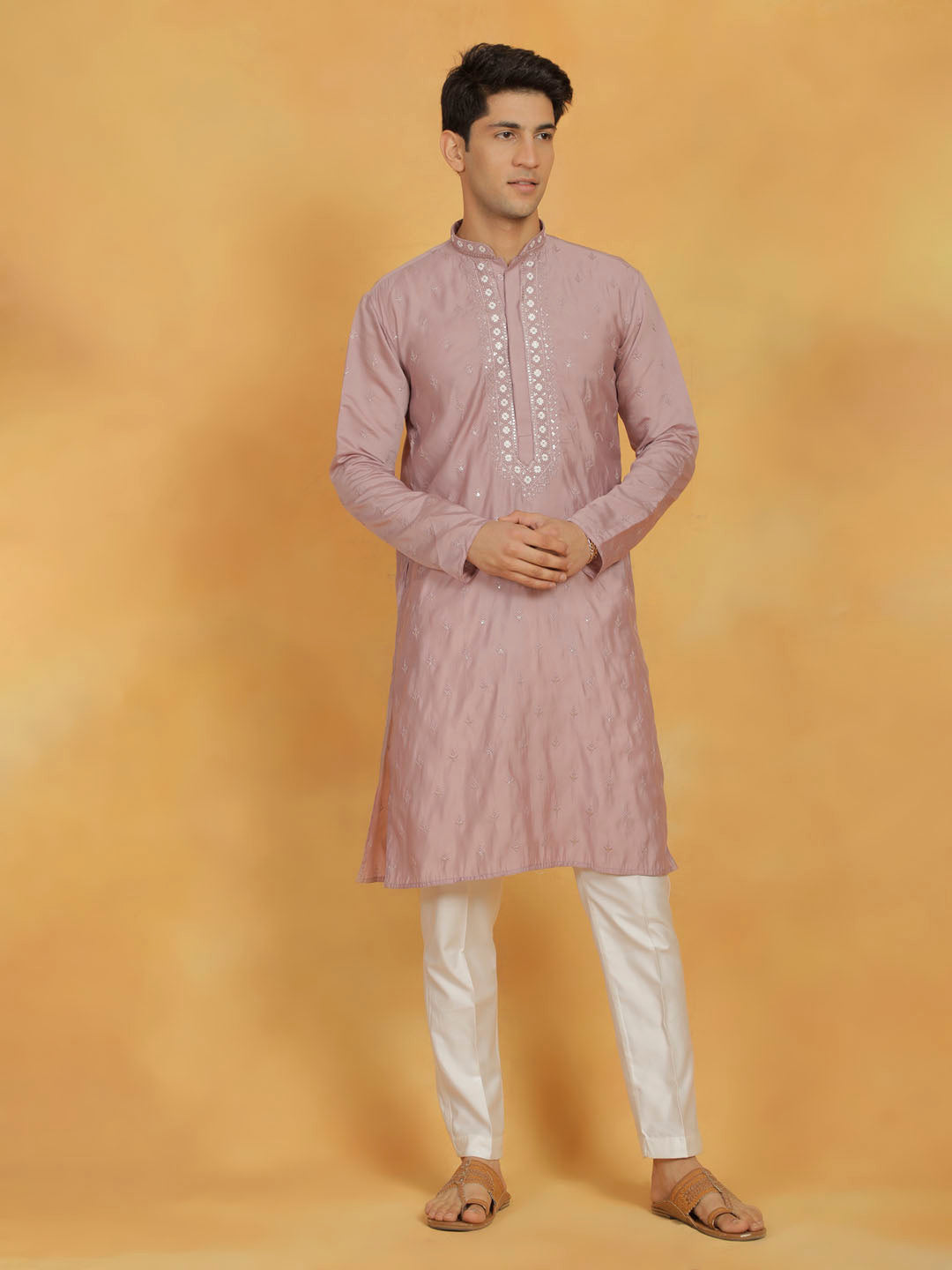 Men's Pink And White Silk Blend Kurta And Pyjama Set