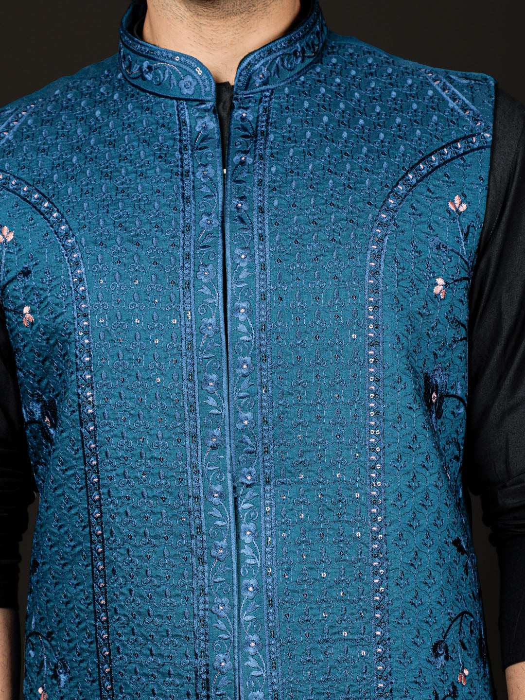 Men's Black And Turquoise Viscose Jacket, Kurta and Pyjama Set