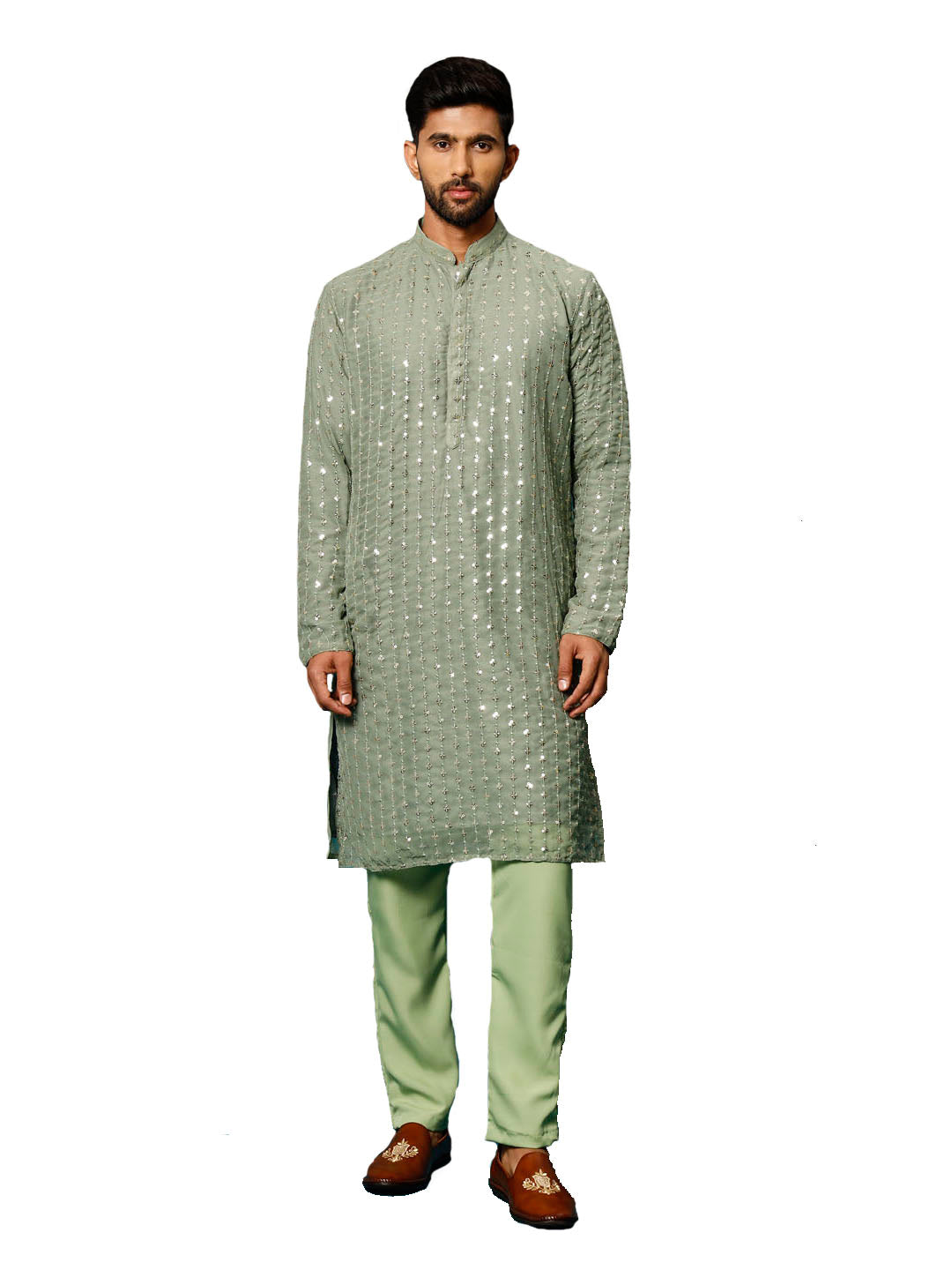 Men's Mint Green Georgette Kurta Pyjama Set