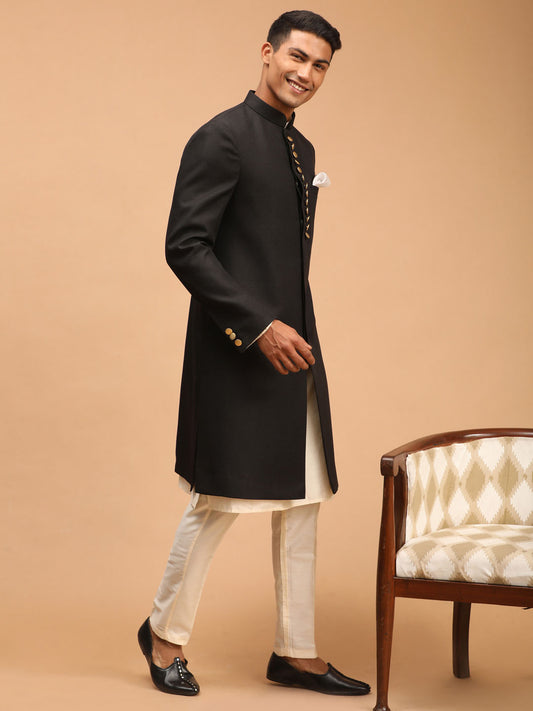 Men's Black And Cream Viscose Sherwani Set