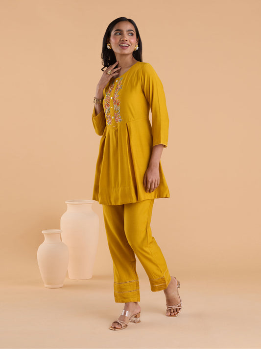 Women Yellow Embroidered  A-Line Co-Ord Set