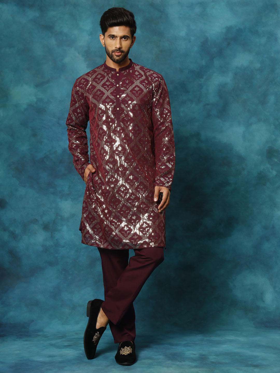 Men's Purple Georgette Kurta Pyjama Set