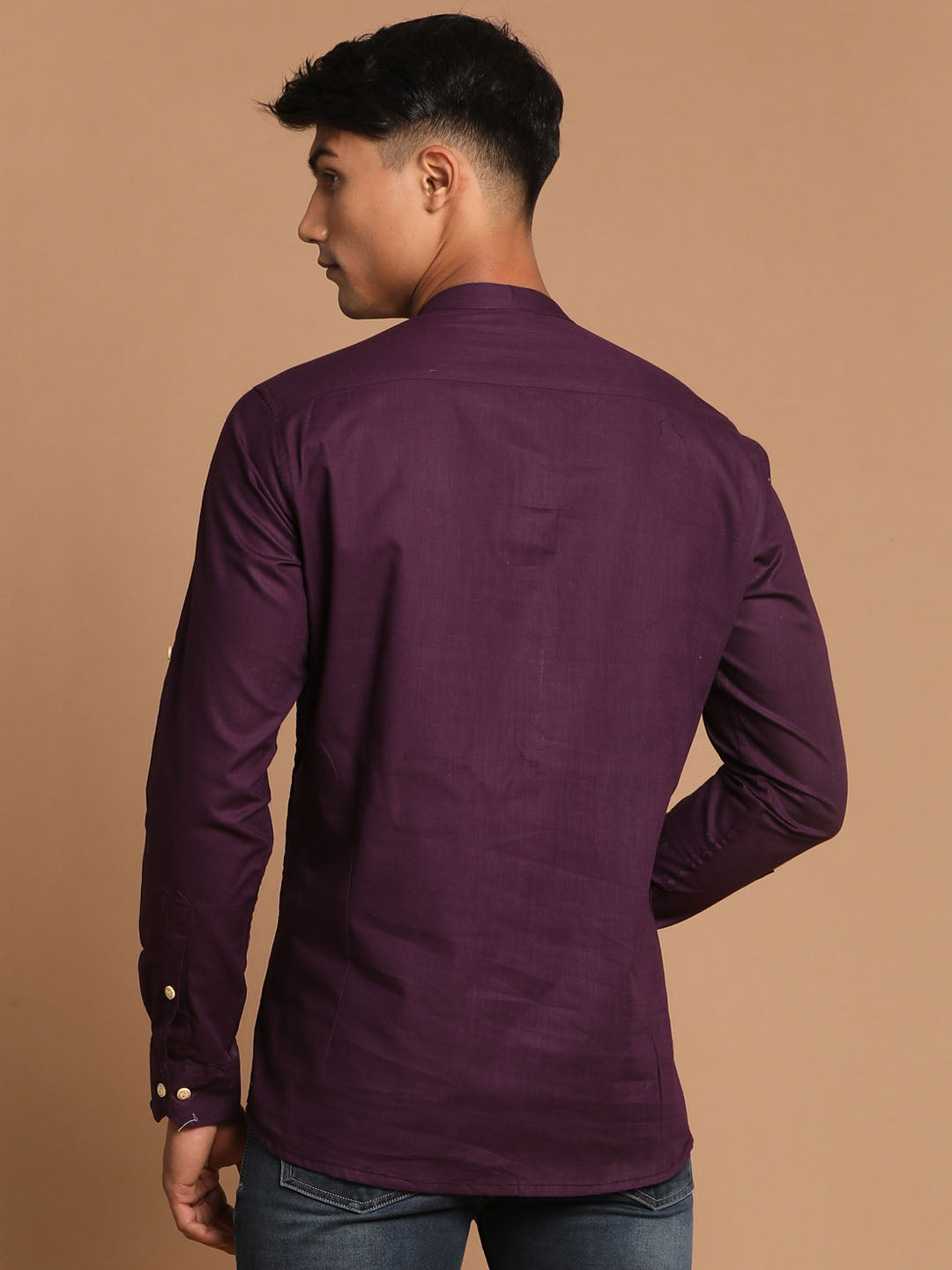 Men's Purple Cotton Blend Short Kurta