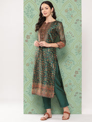 Women Green Ethnic Motif Printed Round Neck Yoke Straight Kurta Paired With Tonal Solid Bottom And Printed Dupatta