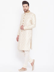 Men's Beige And Gold Silk Blend Sherwani Set