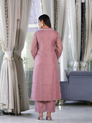 Women Mauve  Kota Check V-Neck, Long Sleeve Straight Kurta, Paired With Tonal Bottom.